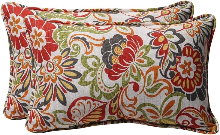 Pillow Perfect Bright Floral Indoor/Outdoor Throw Pillows, 2 Count, Lumbar - 11.5" x 18.5", Green/Red Zoe